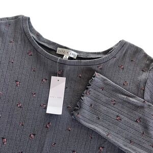 Fitz + Eddi Women XL Grey Pink Floral Long Sleeve Cropped Ribbed Lettuce Hem Top